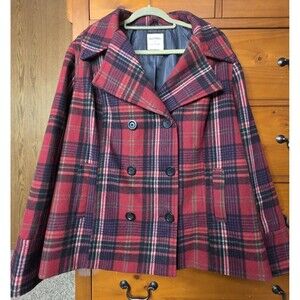 Old Navy Plaid Wool Blend Peacoat Size XXL  Lined Double Breasted Red Blue
